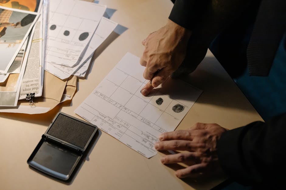 Detailed view of fingerprint analysis on a desk with ink pad and documents, ideal for forensic themes.